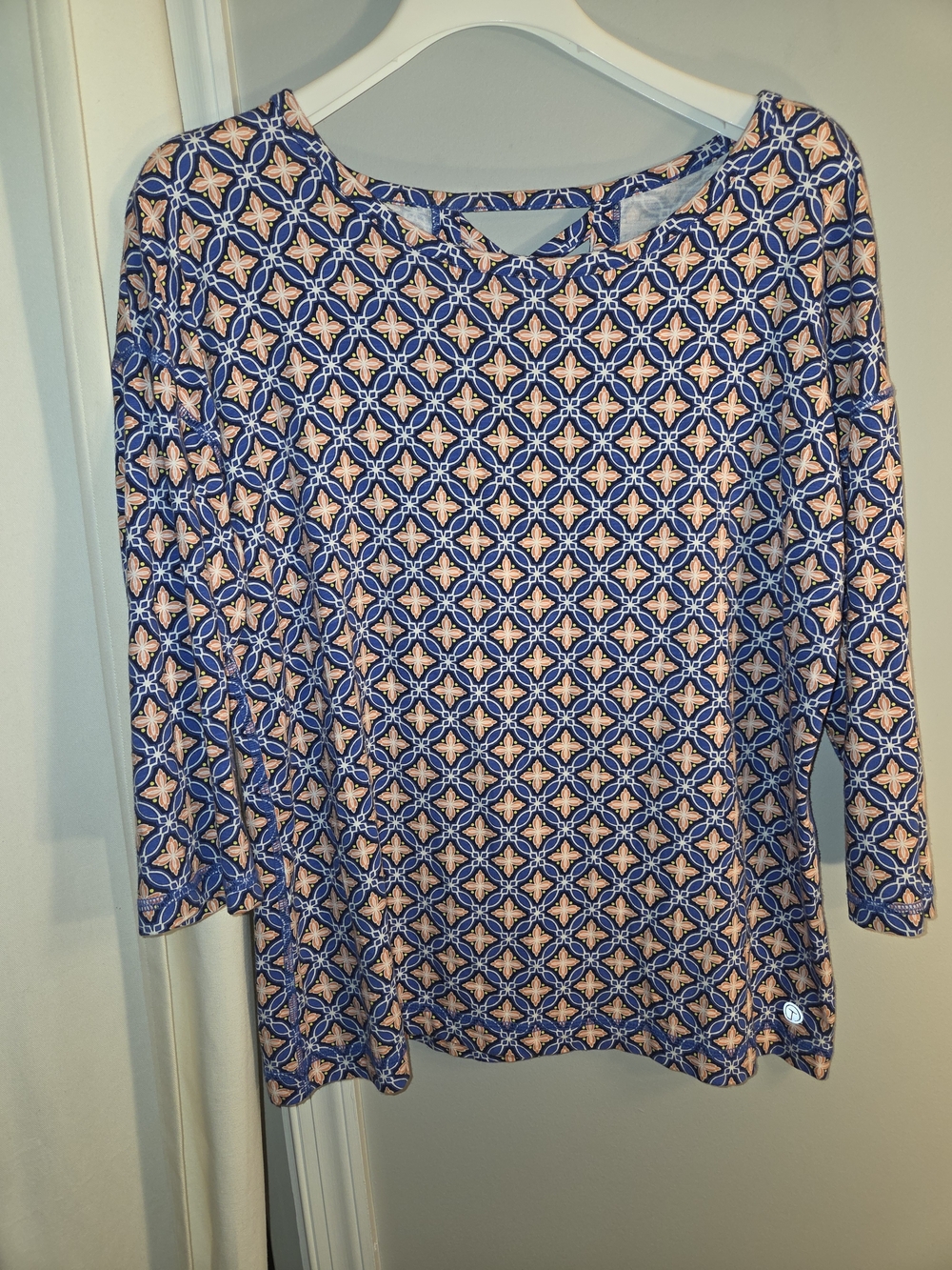 Talbots Blue and Peach Geometric Long Sleeve Top